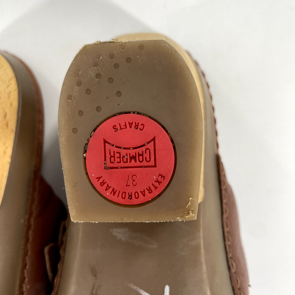 Camper Mules Clogs Slip On Womens Size EU 37/US 6 Brown Leather Wooden Heel - Picture 3 of 11